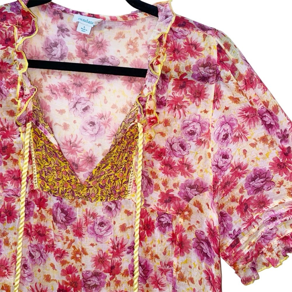 Sundance Fields of Beauty Dress Pink Yellow Tiered Tassel Tie Midi Size Large - Picture 7 of 14
